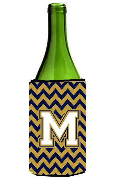 Letter M Chevron Navy Blue and Gold Wine Bottle Beverage Insulator Hugger CJ1057-MLITERK by Caroline&#39;s Treasures