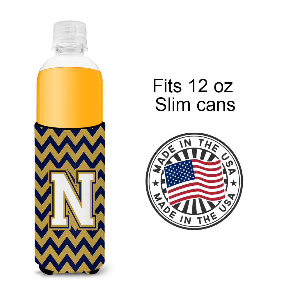 Letter N Chevron Navy Blue and Gold Ultra Beverage Insulators for slim cans CJ1057-NMUK.