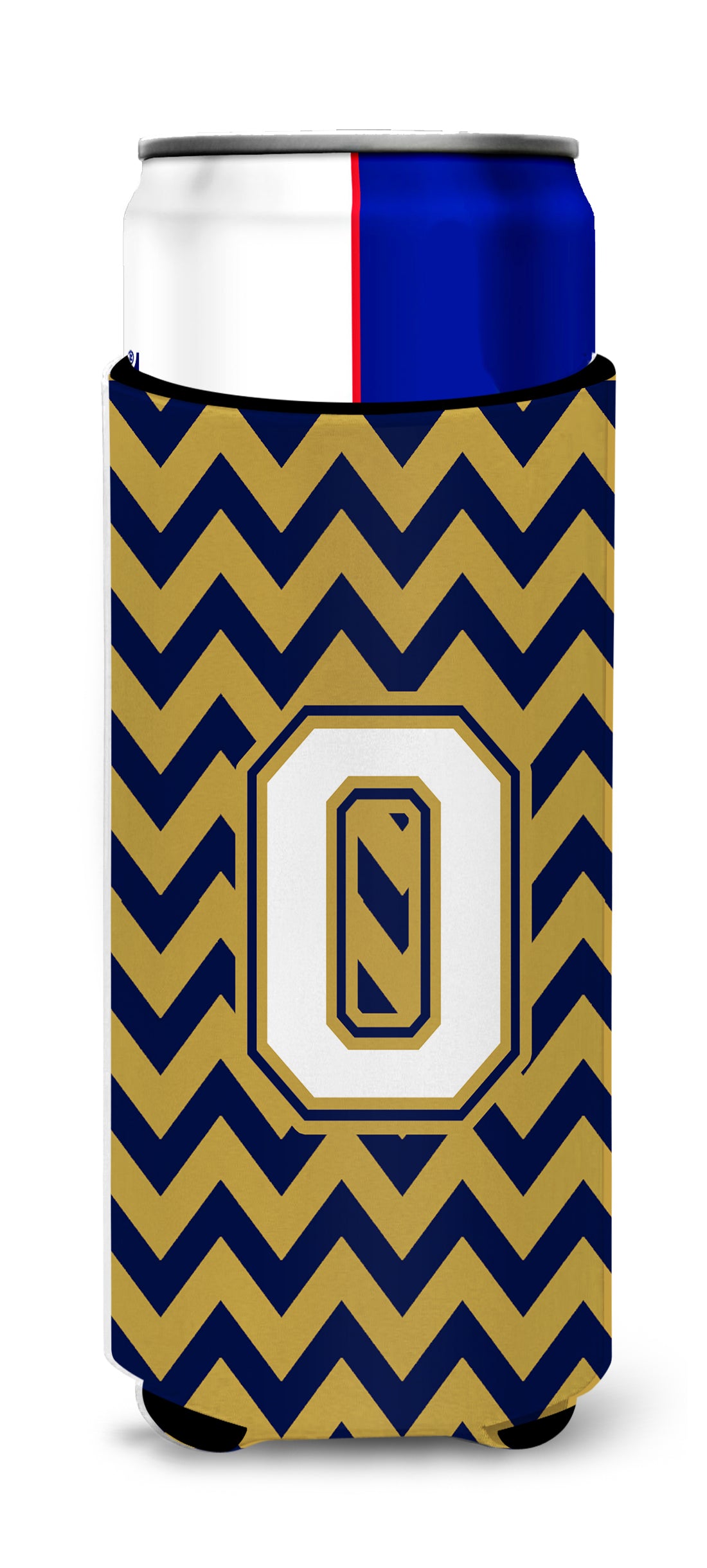 Letter O Chevron Navy Blue and Gold Ultra Beverage Insulators for slim cans CJ1057-OMUK.