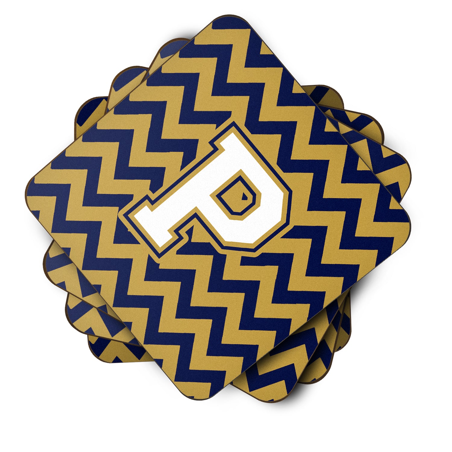 Letter P Chevron Navy Blue and Gold Foam Coaster Set of 4 CJ1057-PFC - the-store.com