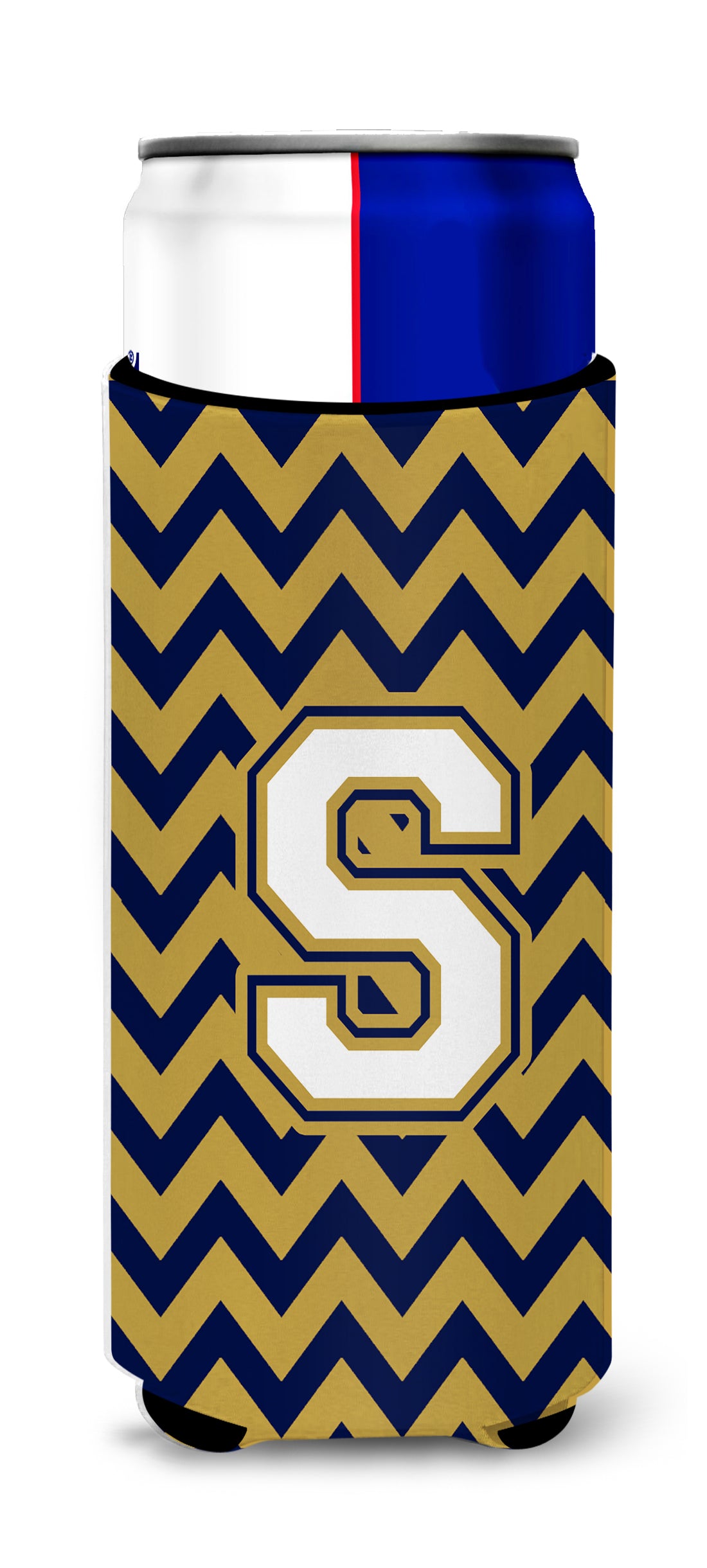 Letter S Chevron Navy Blue and Gold Ultra Beverage Insulators for slim cans CJ1057-SMUK.