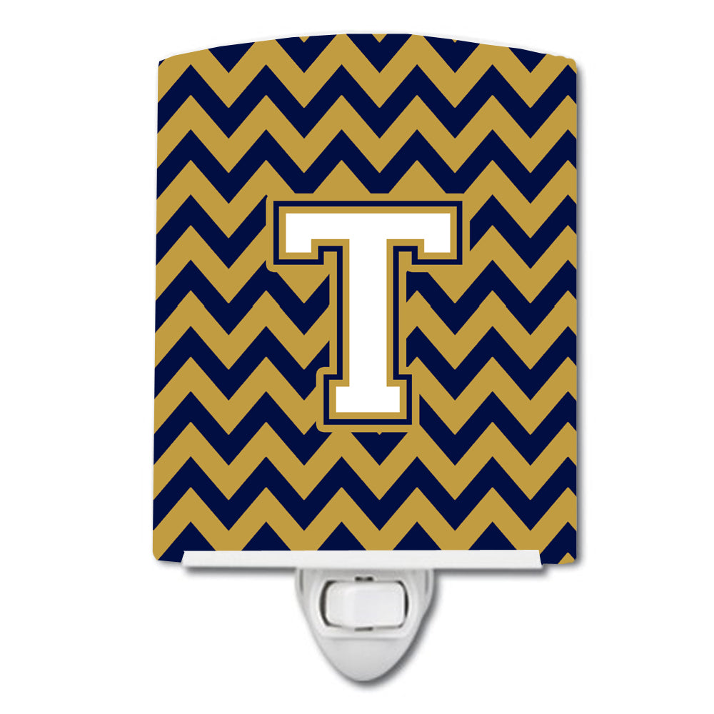 Letter T Chevron Navy Blue and Gold Ceramic Night Light CJ1057-TCNL - the-store.com