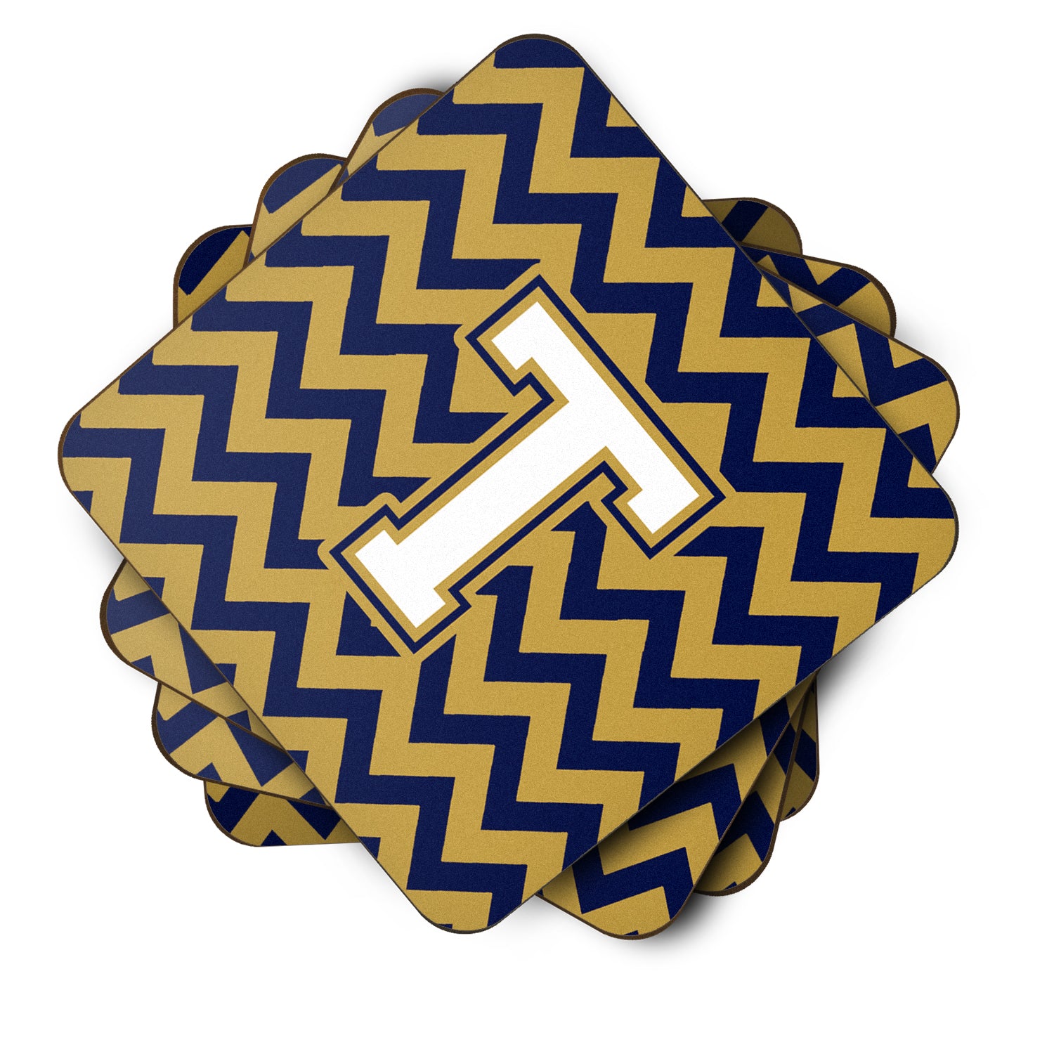 Letter T Chevron Navy Blue and Gold Foam Coaster Set of 4 CJ1057-TFC - the-store.com