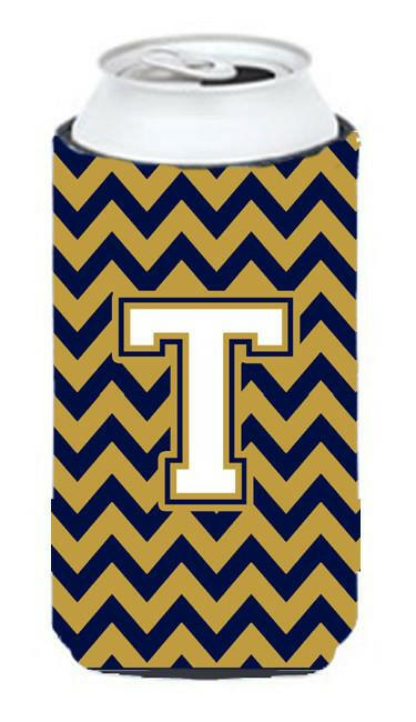 Letter T Chevron Navy Blue and Gold Tall Boy Beverage Insulator Hugger CJ1057-TTBC by Caroline&#39;s Treasures