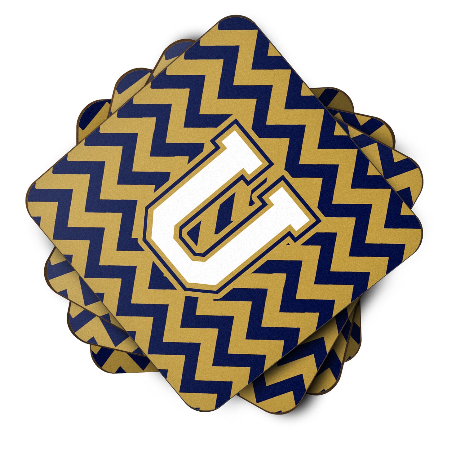 Letter U Chevron Navy Blue and Gold Foam Coaster Set of 4 CJ1057-UFC - the-store.com