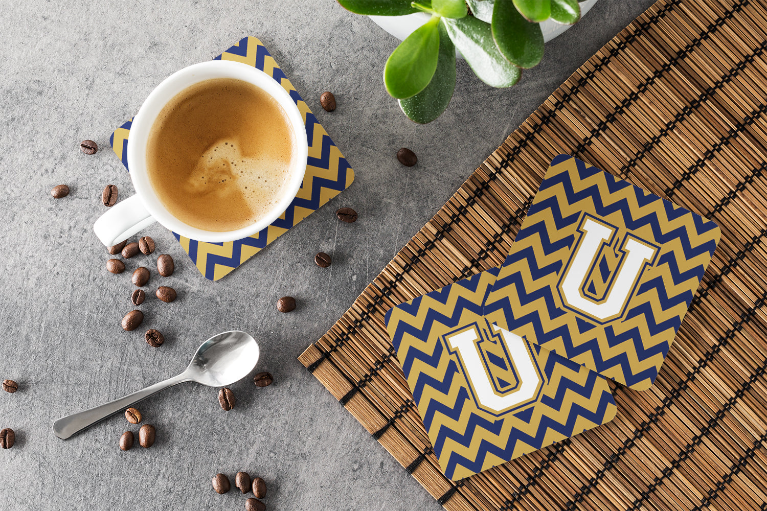 Letter U Chevron Navy Blue and Gold Foam Coaster Set of 4 CJ1057-UFC - the-store.com