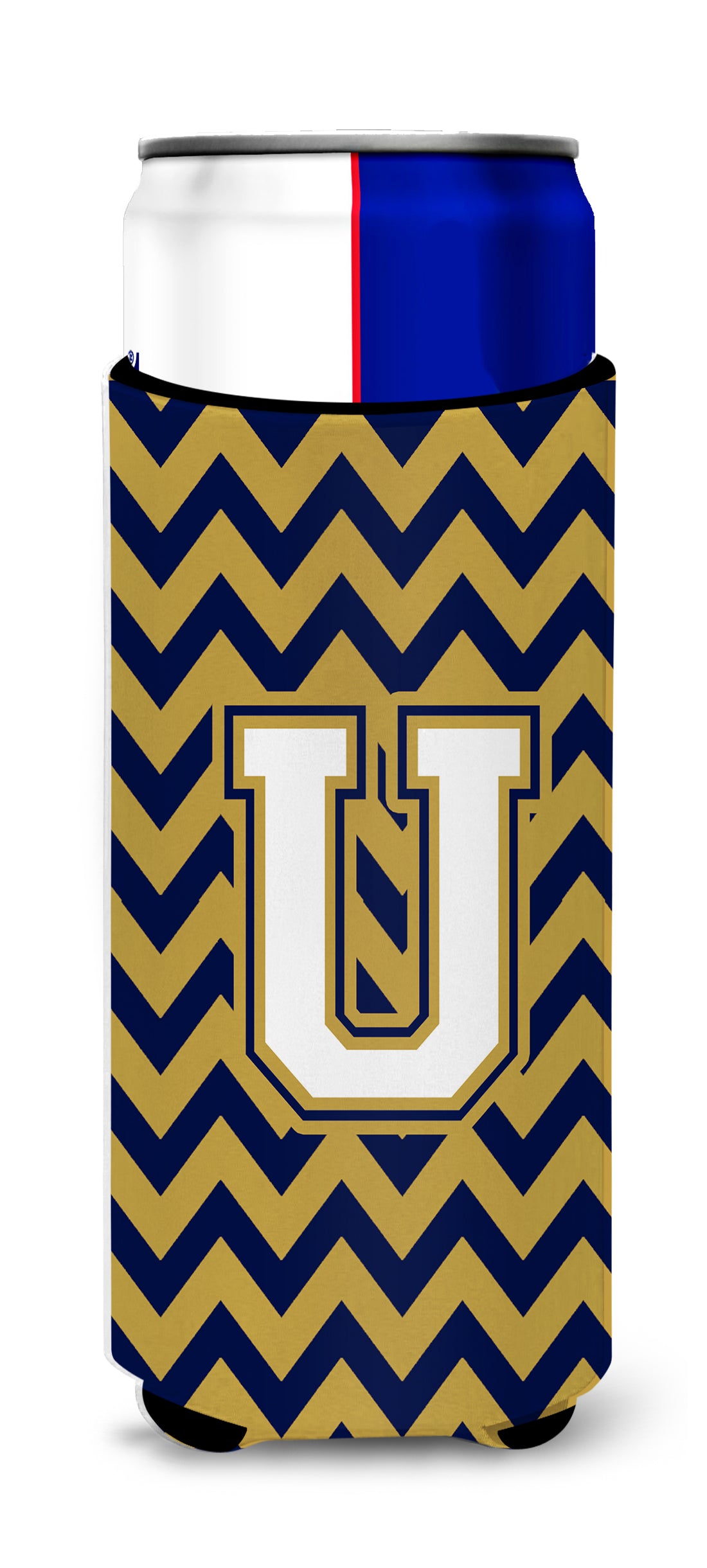 Letter U Chevron  Navy Blue and Gold Ultra Beverage Insulators for slim cans CJ1057-UMUK.