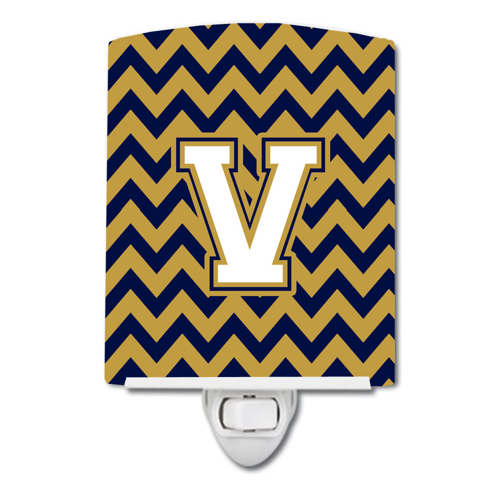 Letter V Chevron Navy Blue and Gold Ceramic Night Light CJ1057-VCNL - the-store.com