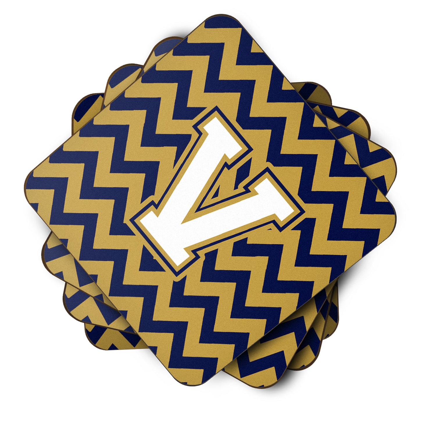 Letter V Chevron Navy Blue and Gold Foam Coaster Set of 4 CJ1057-VFC - the-store.com