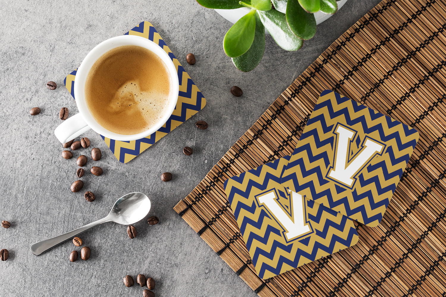 Letter V Chevron Navy Blue and Gold Foam Coaster Set of 4 CJ1057-VFC - the-store.com