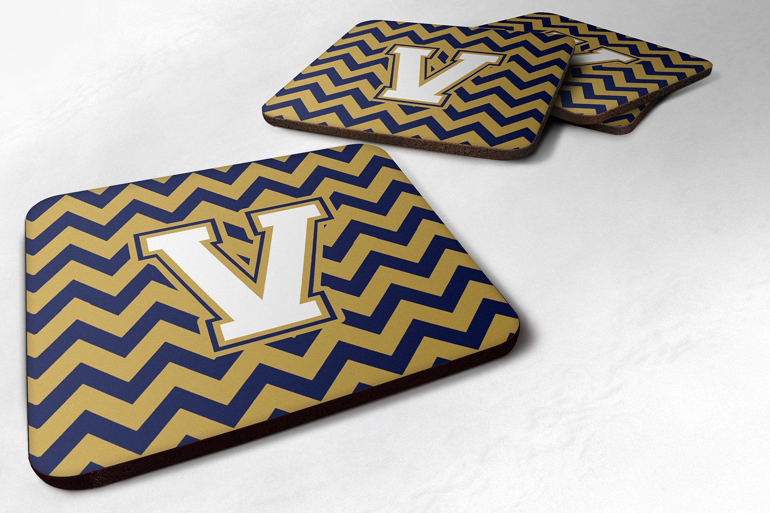 Letter V Chevron Navy Blue and Gold Foam Coaster Set of 4 CJ1057-VFC - the-store.com