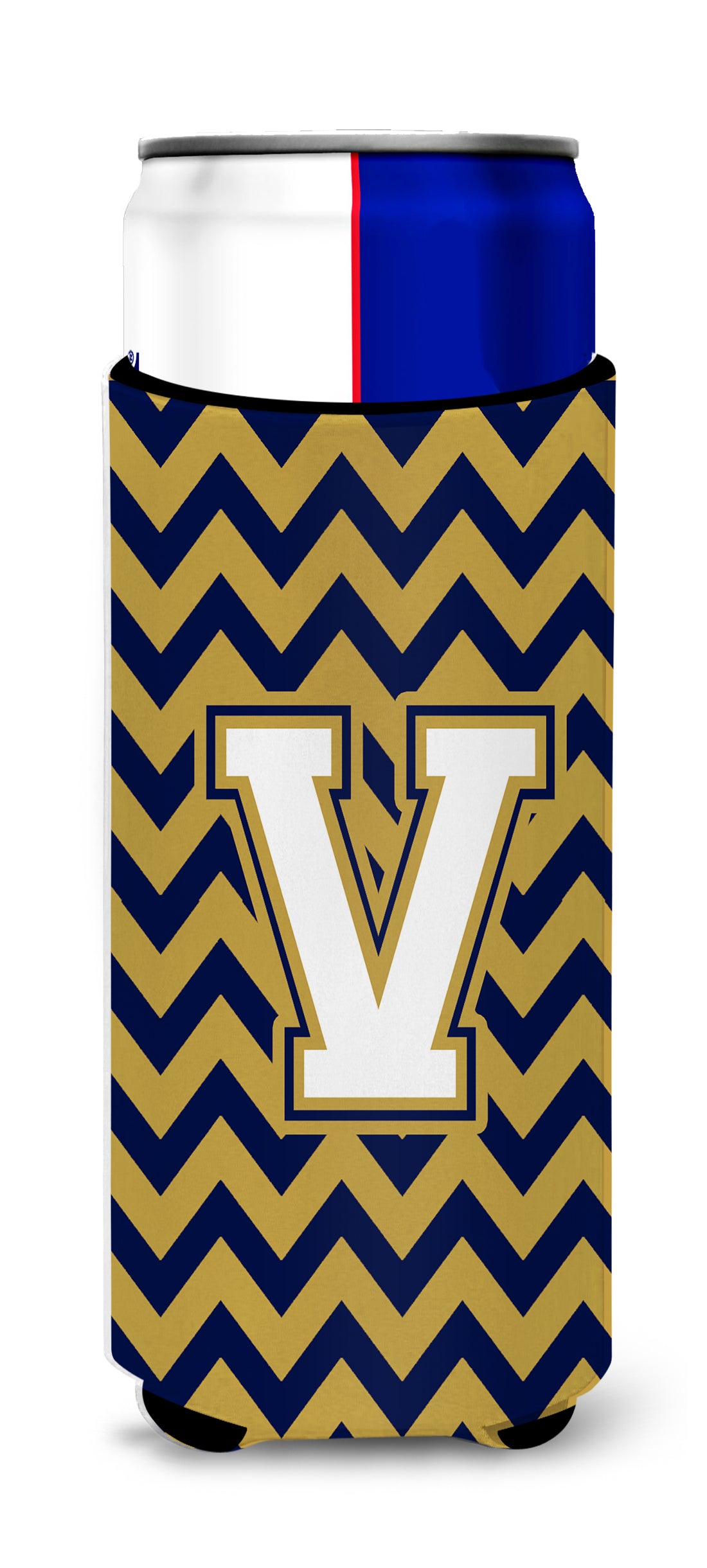 Letter V Chevron Navy Blue and Gold Ultra Beverage Insulators for slim cans CJ1057-VMUK.