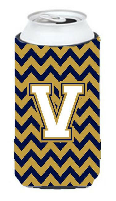 Letter V Chevron Navy Blue and Gold Tall Boy Beverage Insulator Hugger CJ1057-VTBC by Caroline's Treasures