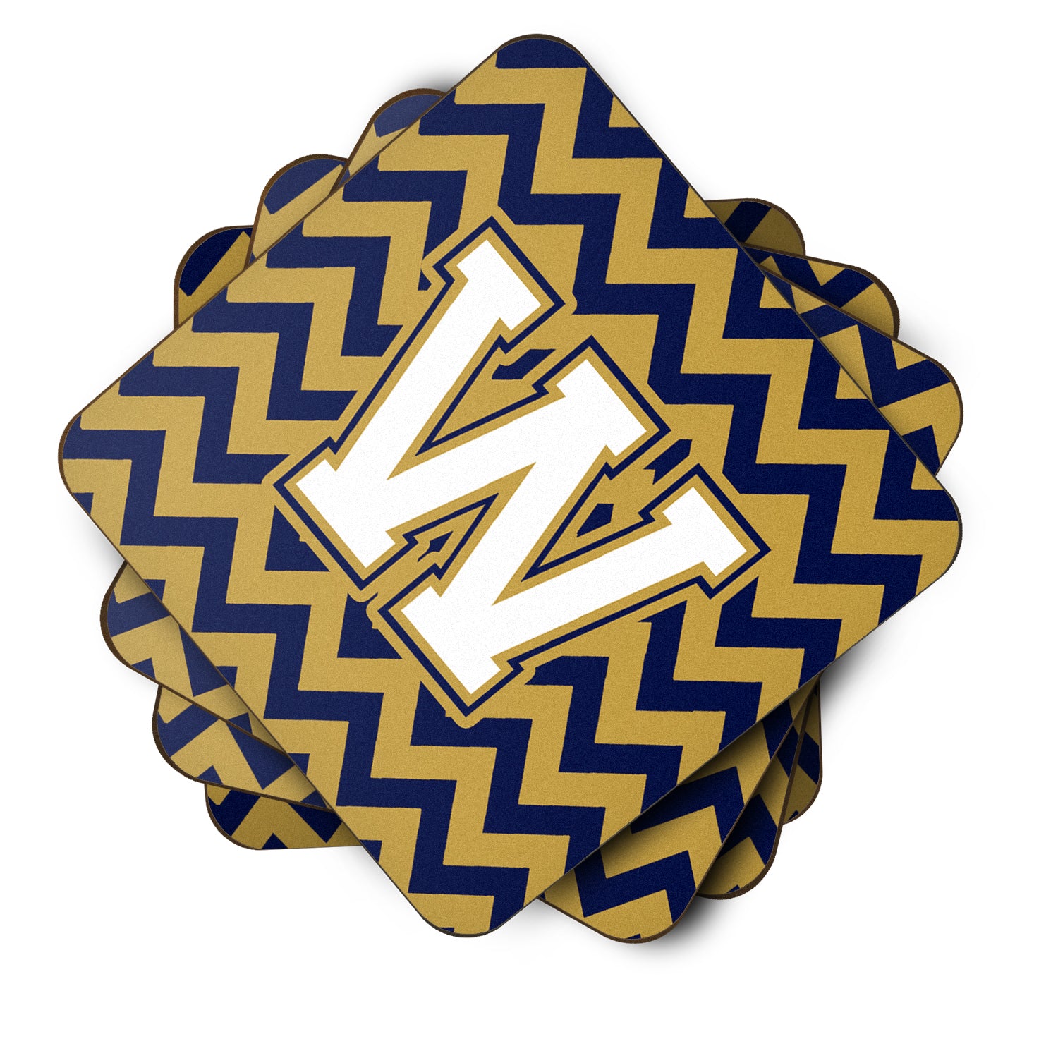 Letter W Chevron Navy Blue and Gold Foam Coaster Set of 4 CJ1057-WFC - the-store.com