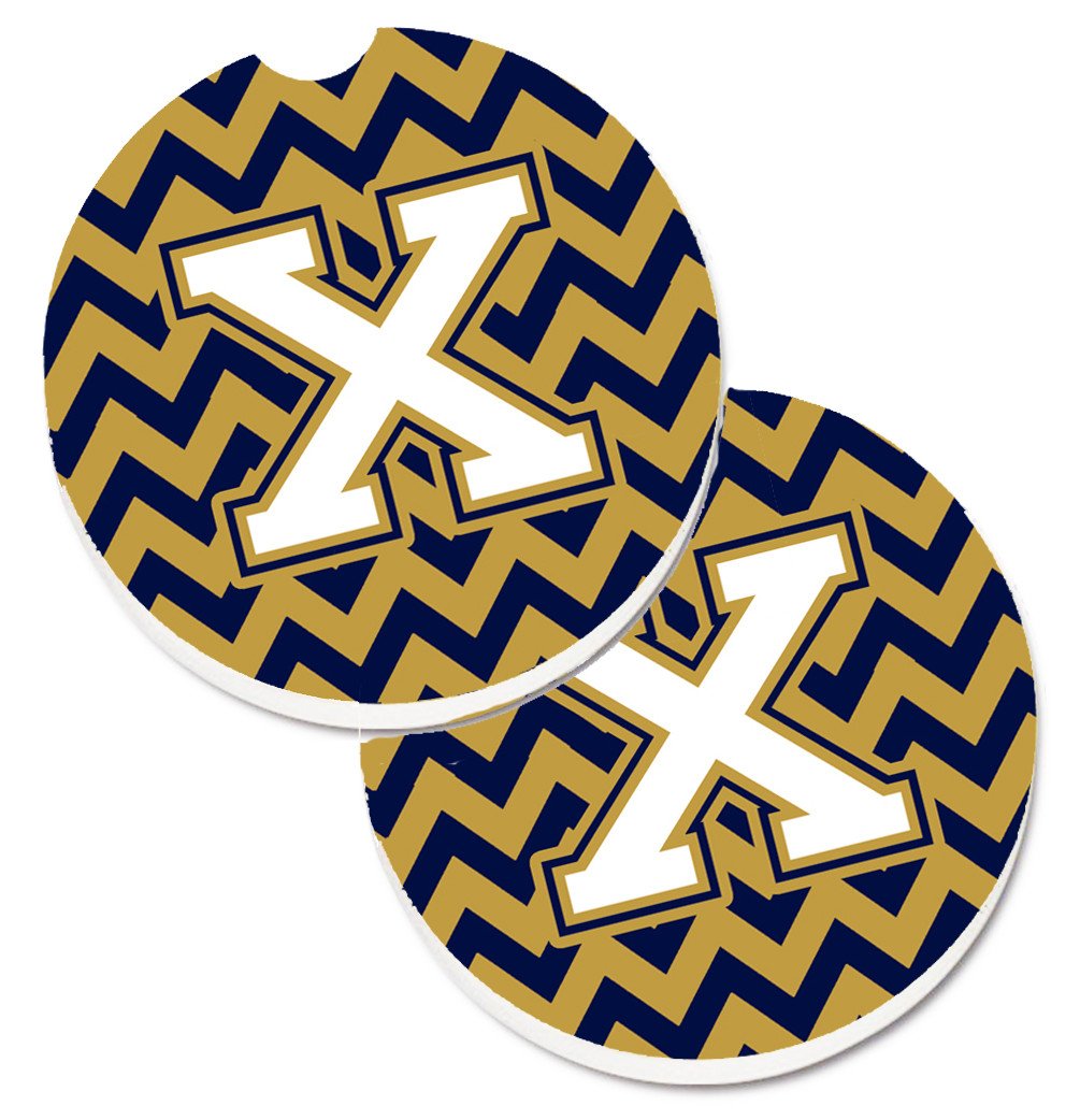 Letter X Chevron Navy Blue and Gold Set of 2 Cup Holder Car Coasters CJ1057-XCARC by Caroline&#39;s Treasures