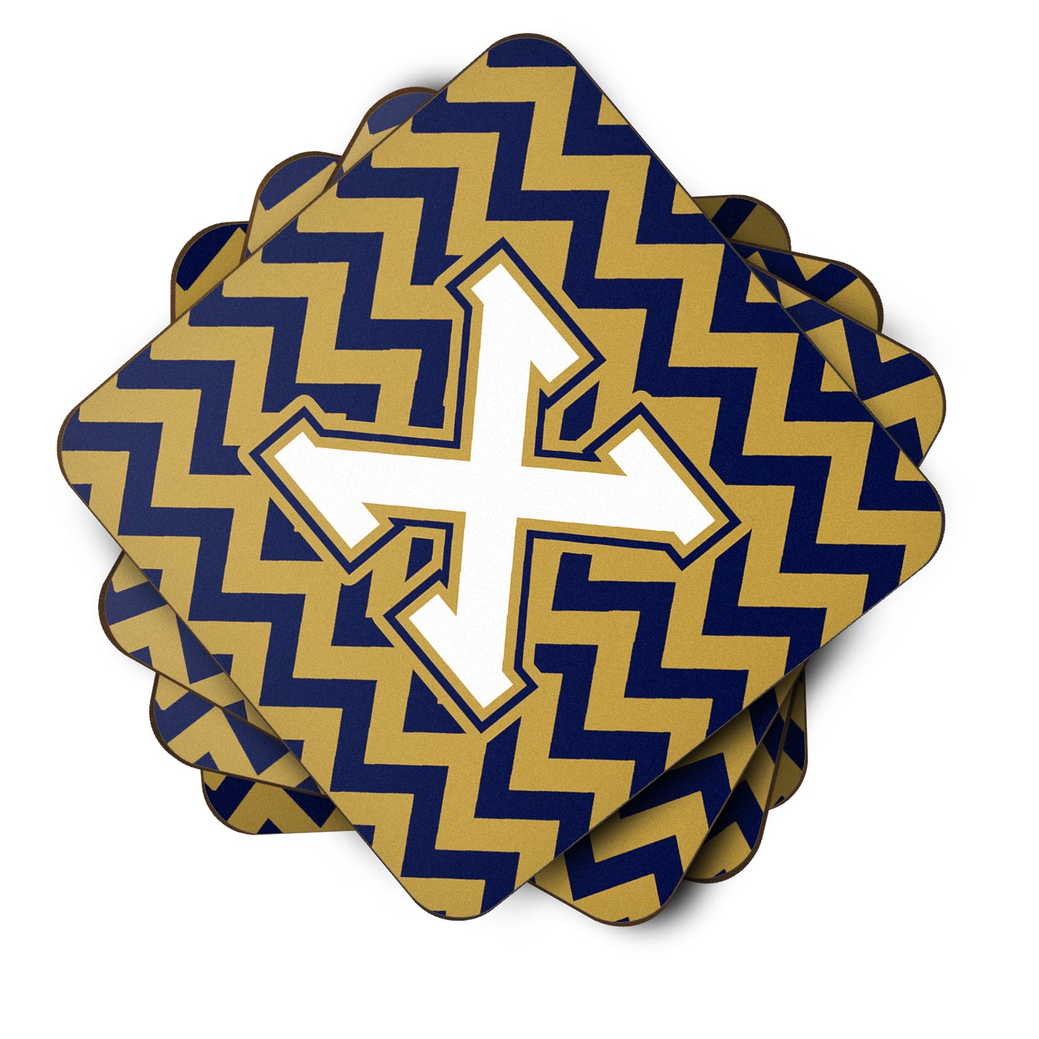 Letter X Chevron Navy Blue and Gold Foam Coaster Set of 4 CJ1057-XFC - the-store.com