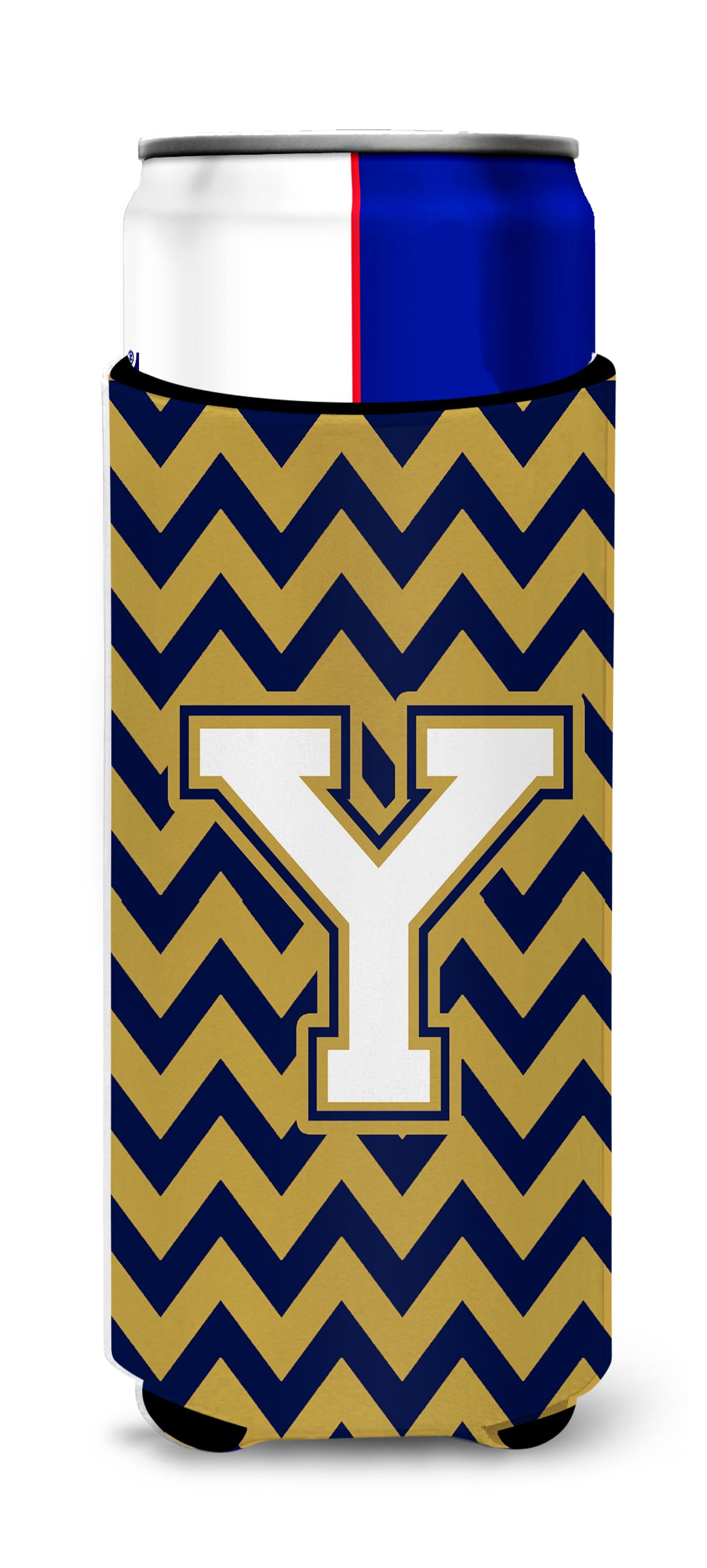 Letter Y Chevron Navy Blue and Gold Ultra Beverage Insulators for slim cans CJ1057-YMUK.