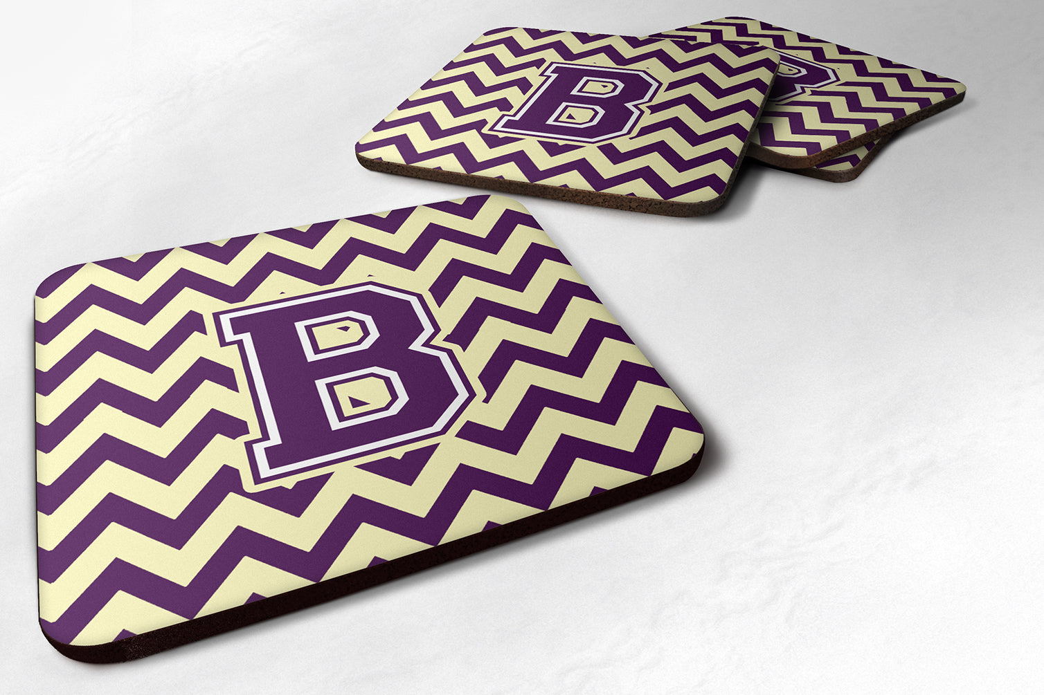 Letter B Chevron Purple and Gold Foam Coaster Set of 4 CJ1058-BFC - the-store.com