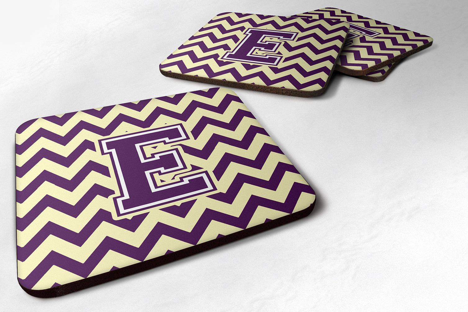 Letter E Chevron Purple and Gold Foam Coaster Set of 4 CJ1058-EFC - the-store.com