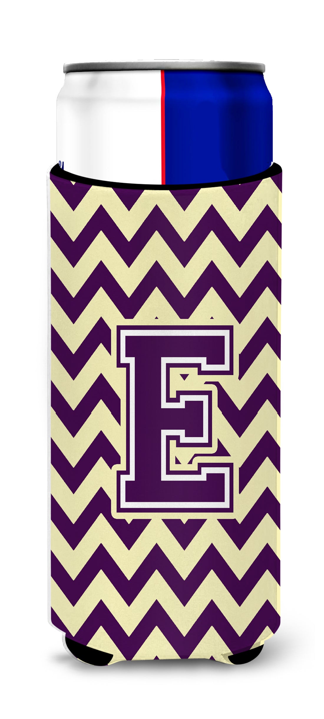 Letter E Chevron Purple and Gold Ultra Beverage Insulators for slim cans CJ1058-EMUK.