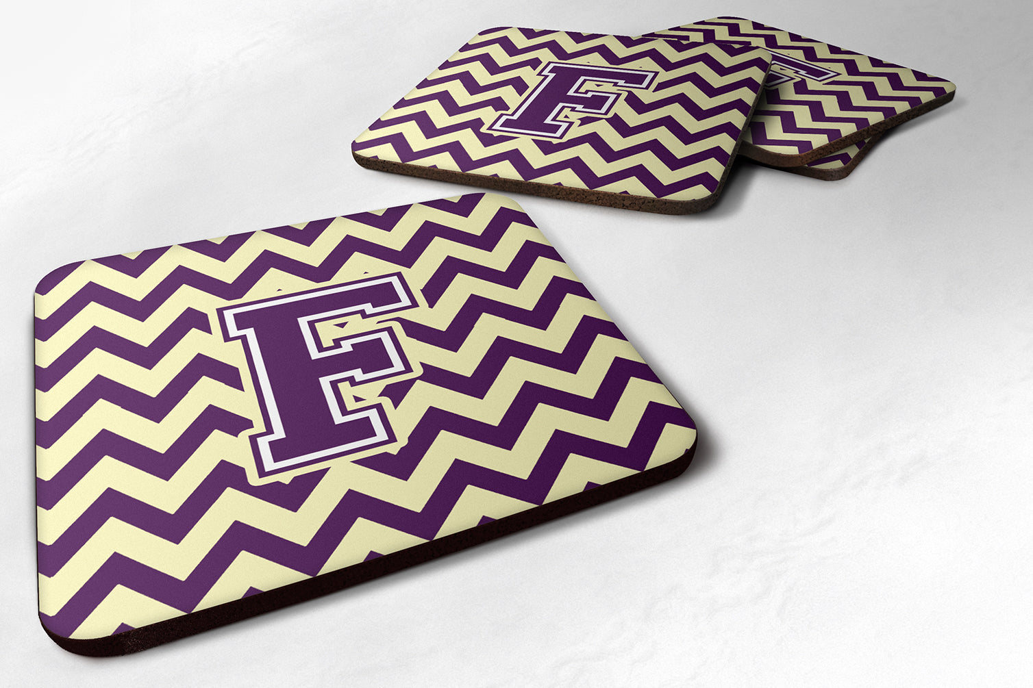 Letter F Chevron Purple and Gold Foam Coaster Set of 4 CJ1058-FFC - the-store.com