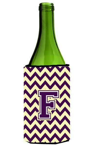 Letter F Chevron Purple and Gold Wine Bottle Beverage Insulator Hugger CJ1058-FLITERK by Caroline's Treasures