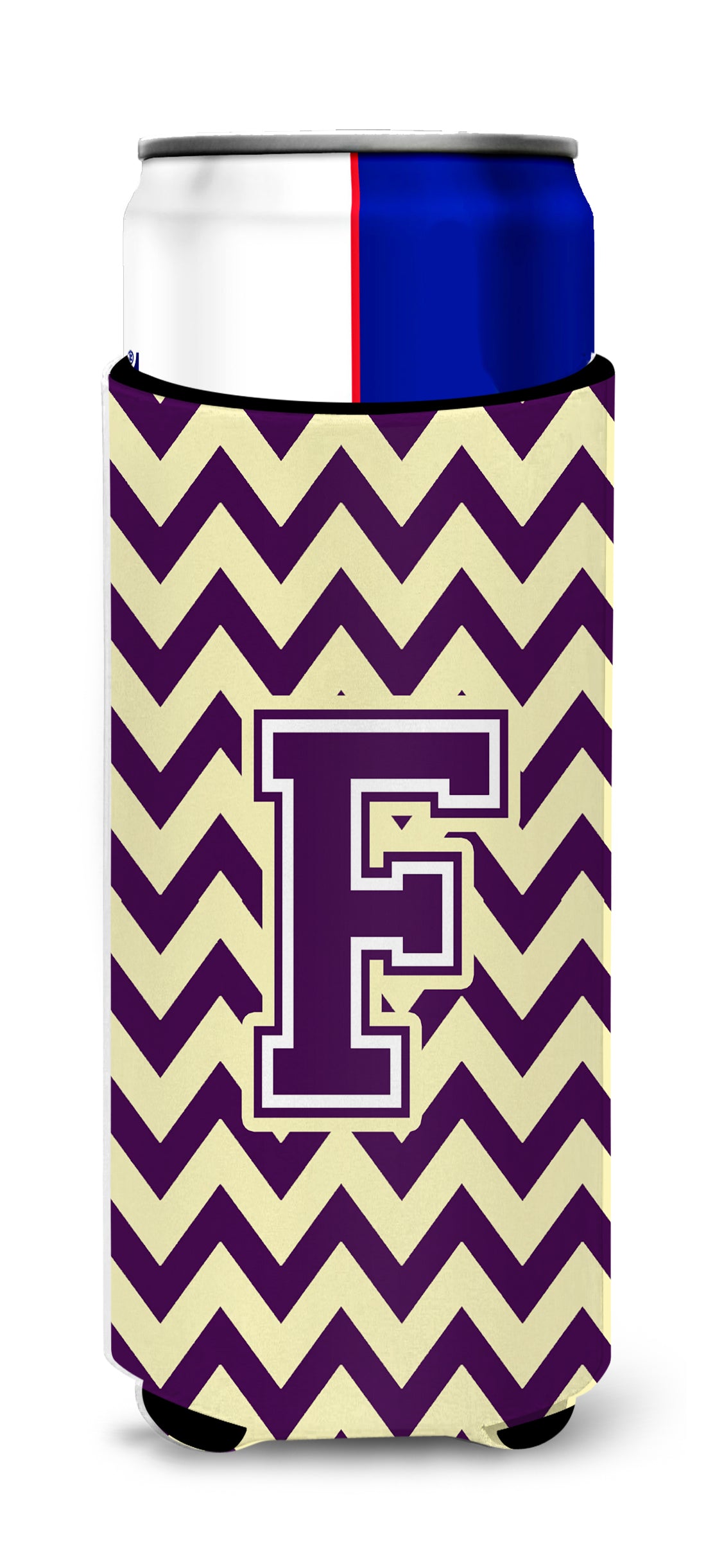 Letter F Chevron Purple and Gold Ultra Beverage Insulators for slim cans CJ1058-FMUK.