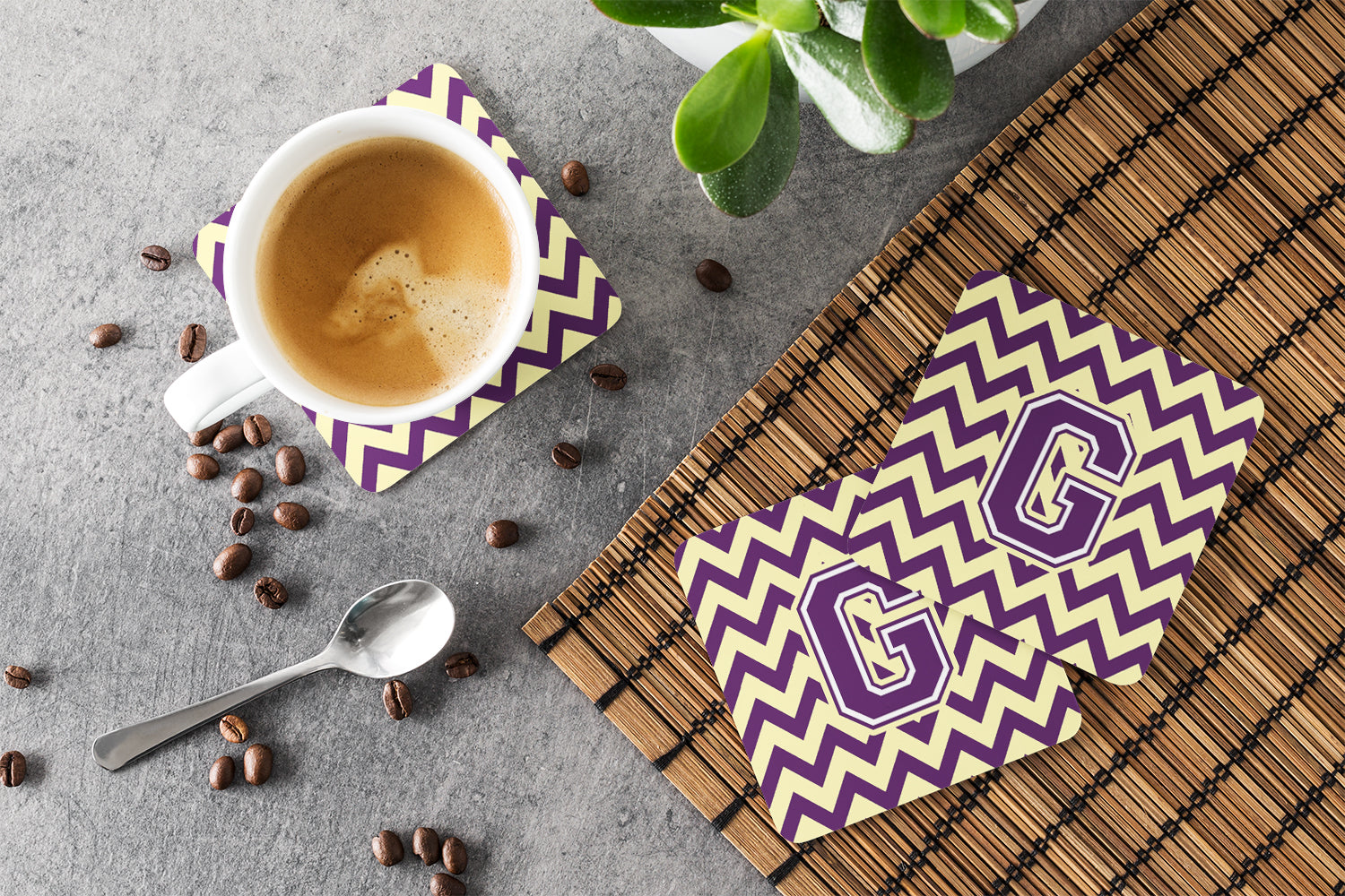 Letter G Chevron Purple and Gold Foam Coaster Set of 4 CJ1058-GFC - the-store.com