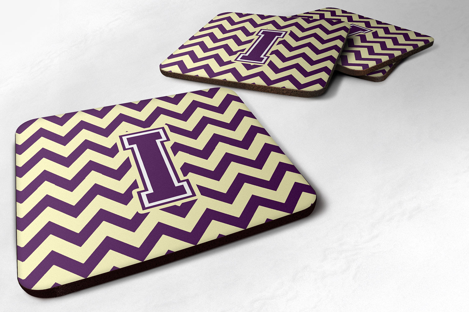 Letter I Chevron Purple and Gold Foam Coaster Set of 4 CJ1058-IFC - the-store.com