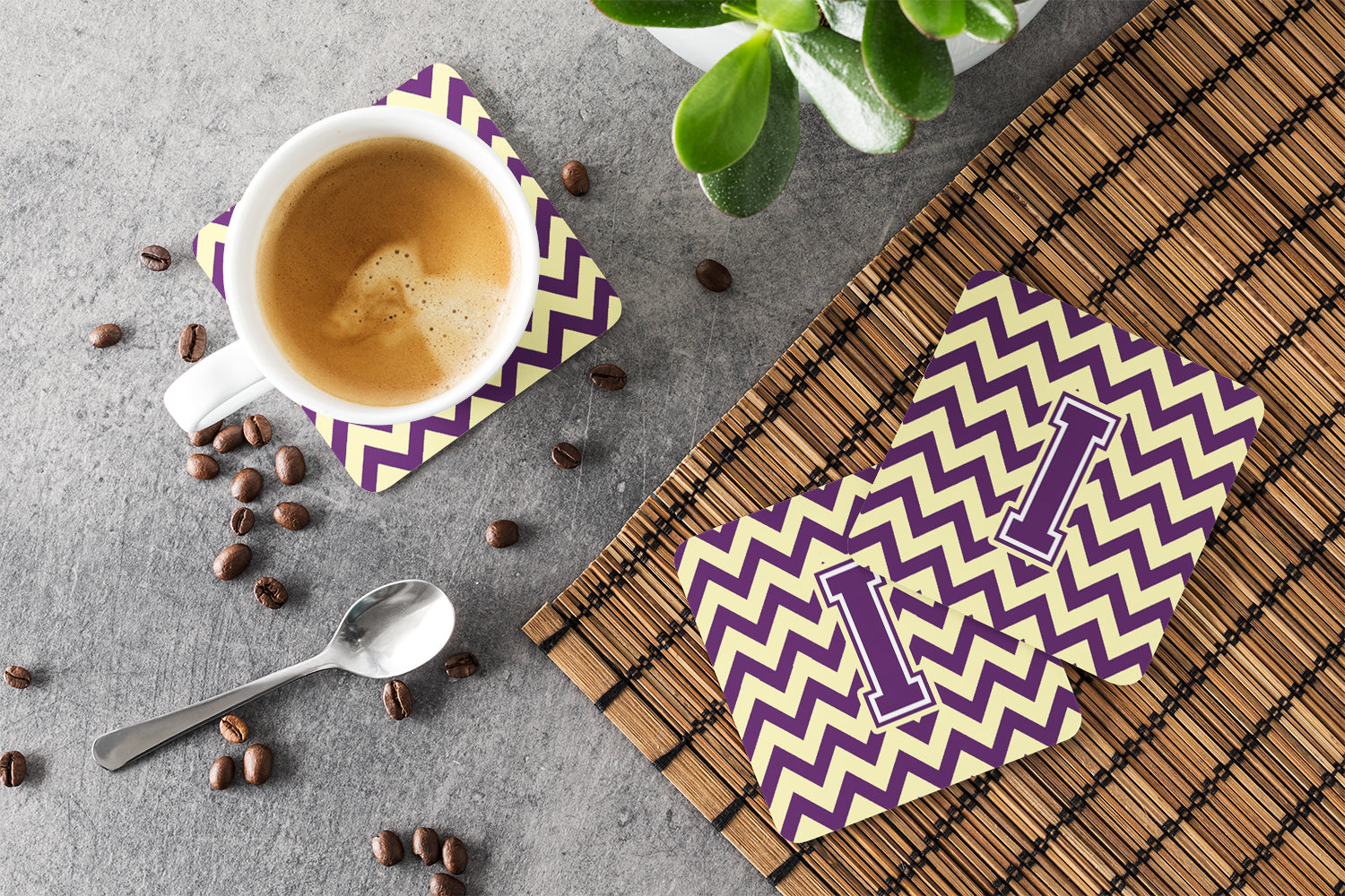 Letter I Chevron Purple and Gold Foam Coaster Set of 4 CJ1058-IFC - the-store.com