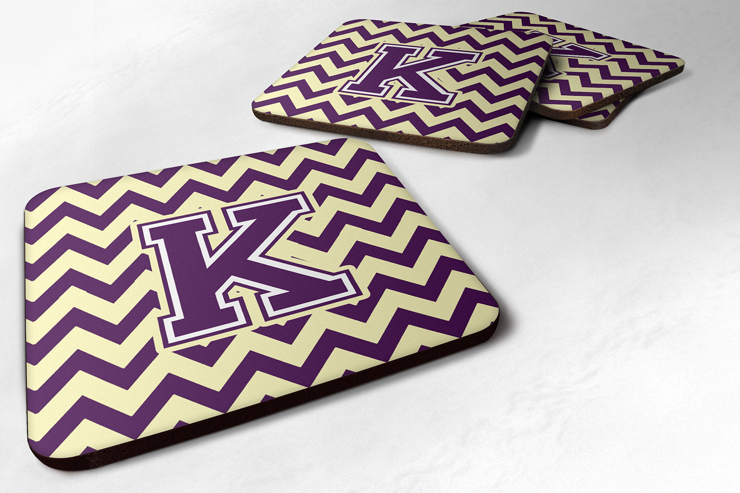 Letter K Chevron Purple and Gold Foam Coaster Set of 4 CJ1058-KFC - the-store.com