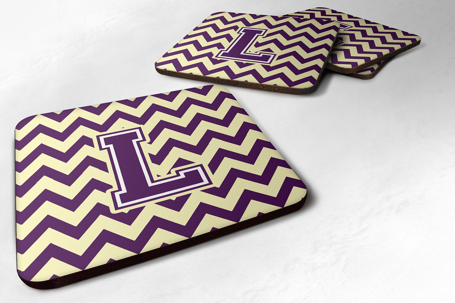 Letter L Chevron Purple and Gold Foam Coaster Set of 4 CJ1058-LFC - the-store.com