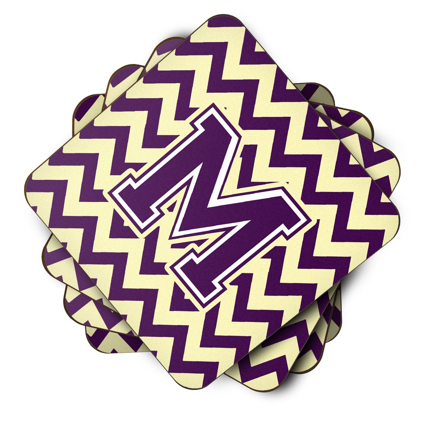 Letter M Chevron Purple and Gold Foam Coaster Set of 4 CJ1058-MFC - the-store.com