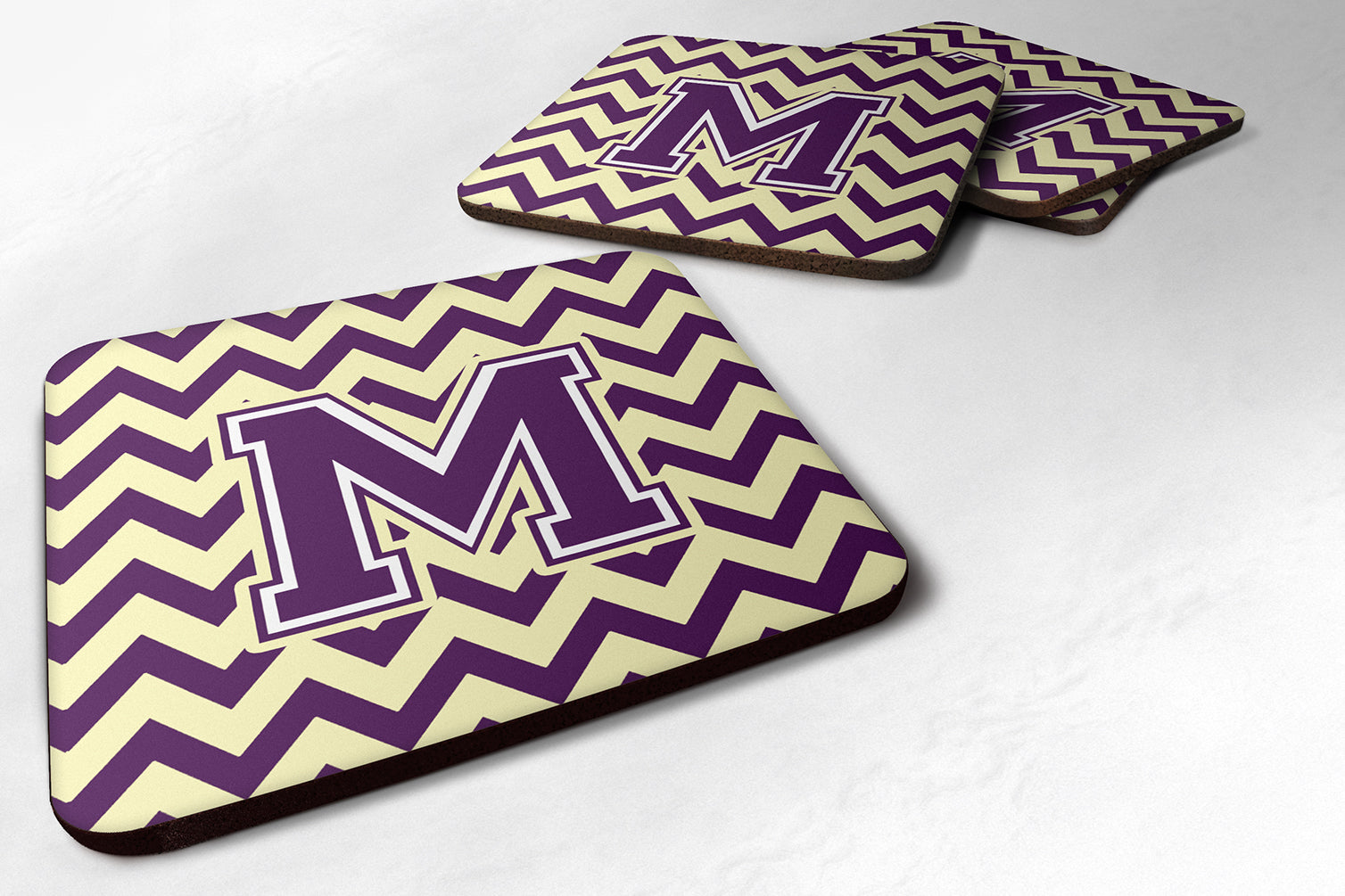 Letter M Chevron Purple and Gold Foam Coaster Set of 4 CJ1058-MFC - the-store.com