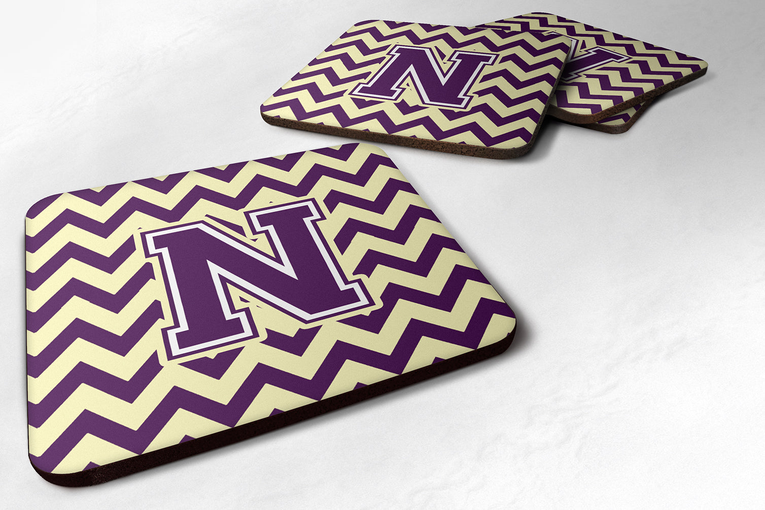 Letter N Chevron Purple and Gold Foam Coaster Set of 4 CJ1058-NFC - the-store.com