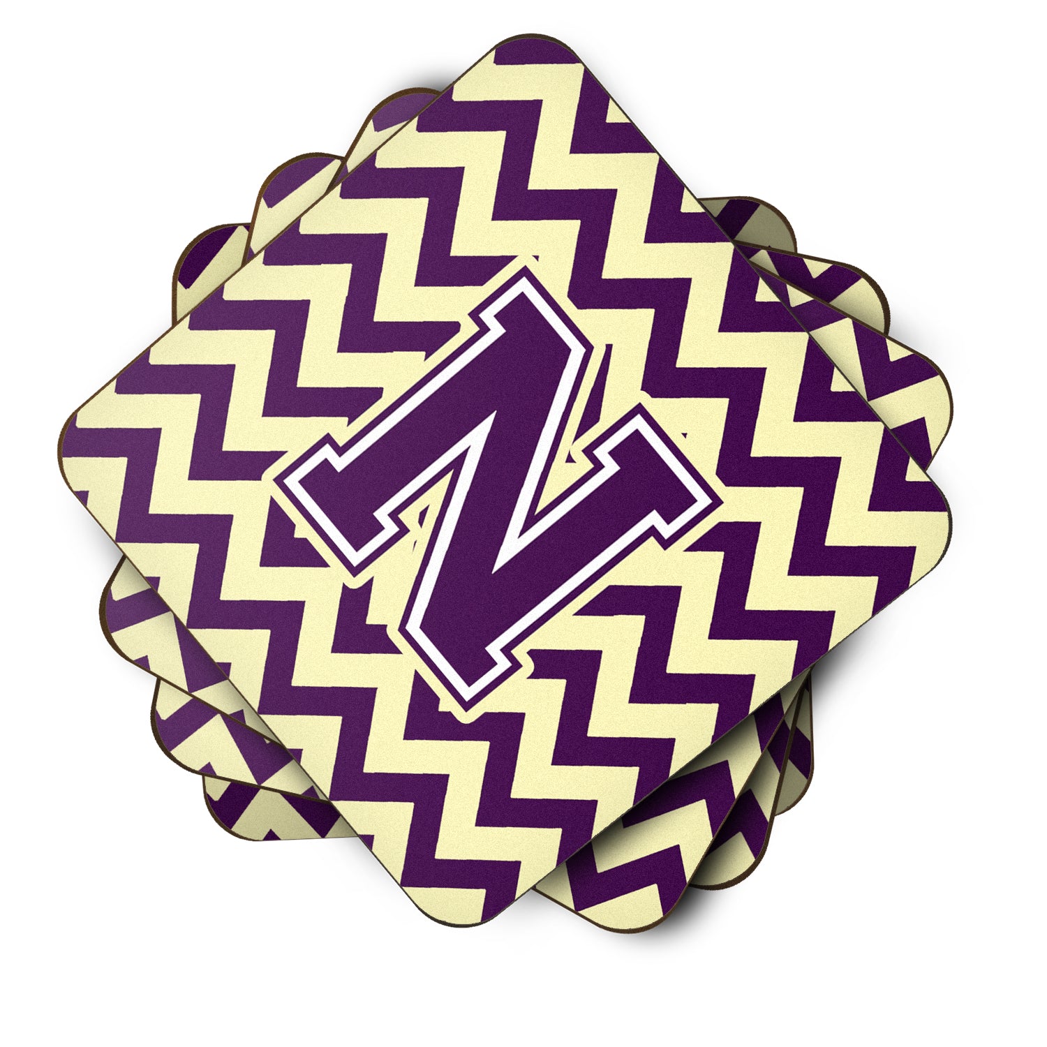 Letter N Chevron Purple and Gold Foam Coaster Set of 4 CJ1058-NFC - the-store.com