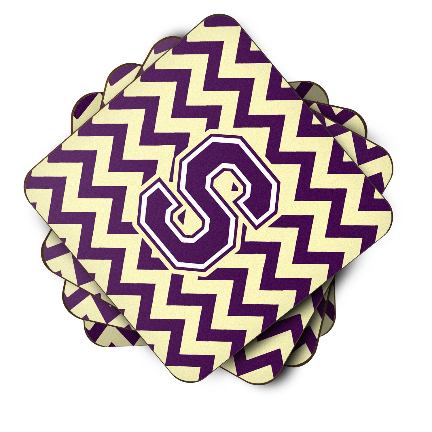 Letter S Chevron Purple and Gold Foam Coaster Set of 4 CJ1058-SFC - the-store.com