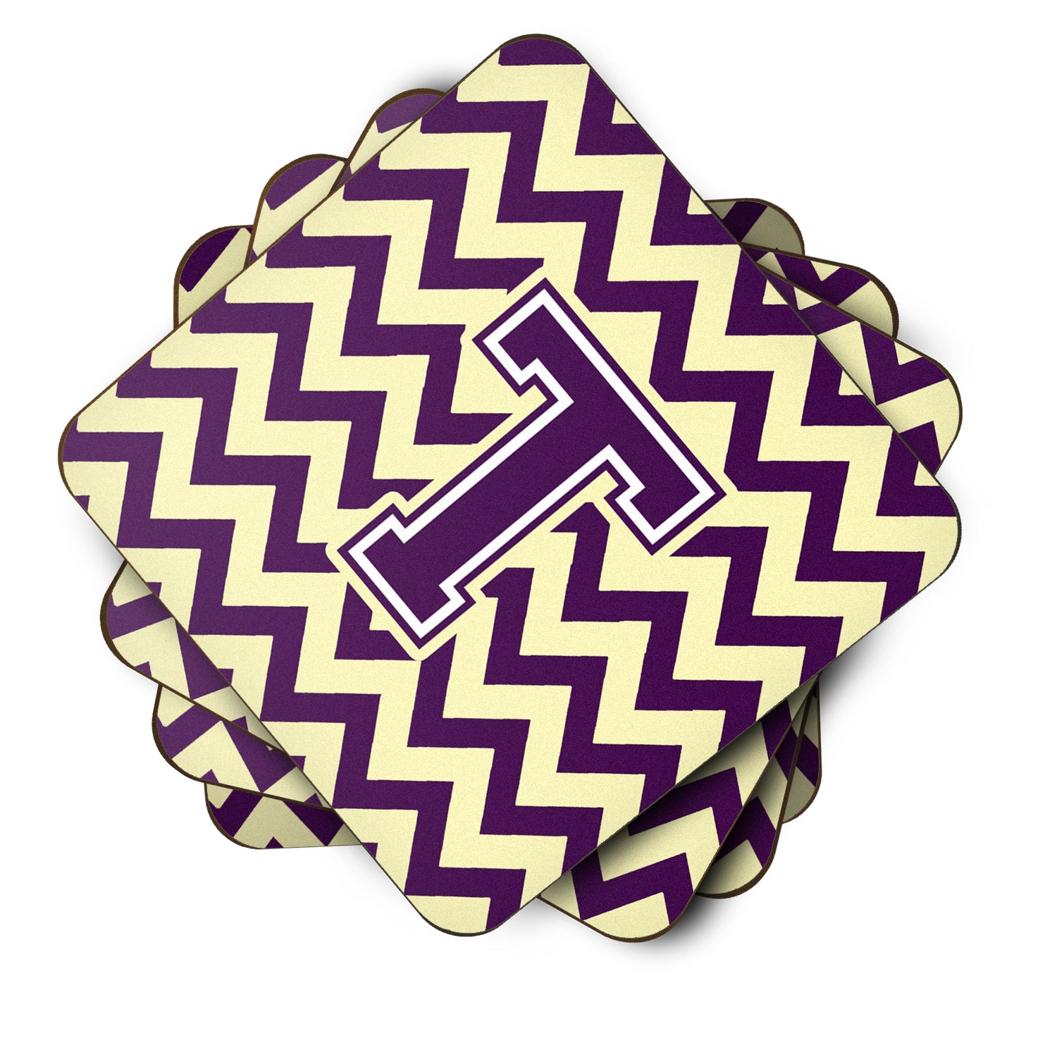 Letter T Chevron Purple and Gold Foam Coaster Set of 4 CJ1058-TFC - the-store.com