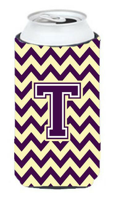 Letter T Chevron Purple and Gold Tall Boy Beverage Insulator Hugger CJ1058-TTBC by Caroline's Treasures