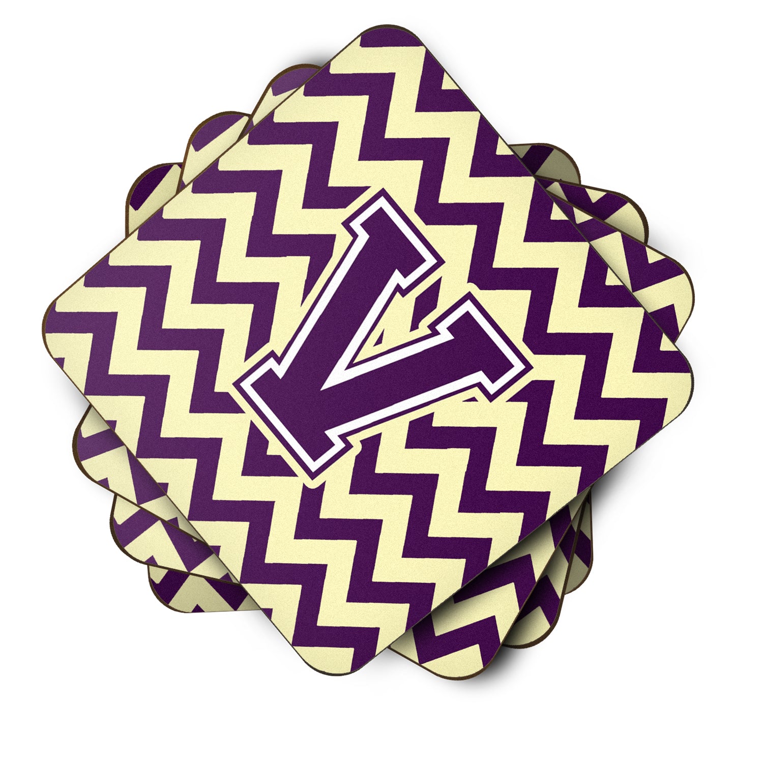 Letter V Chevron Purple and Gold Foam Coaster Set of 4 CJ1058-VFC - the-store.com