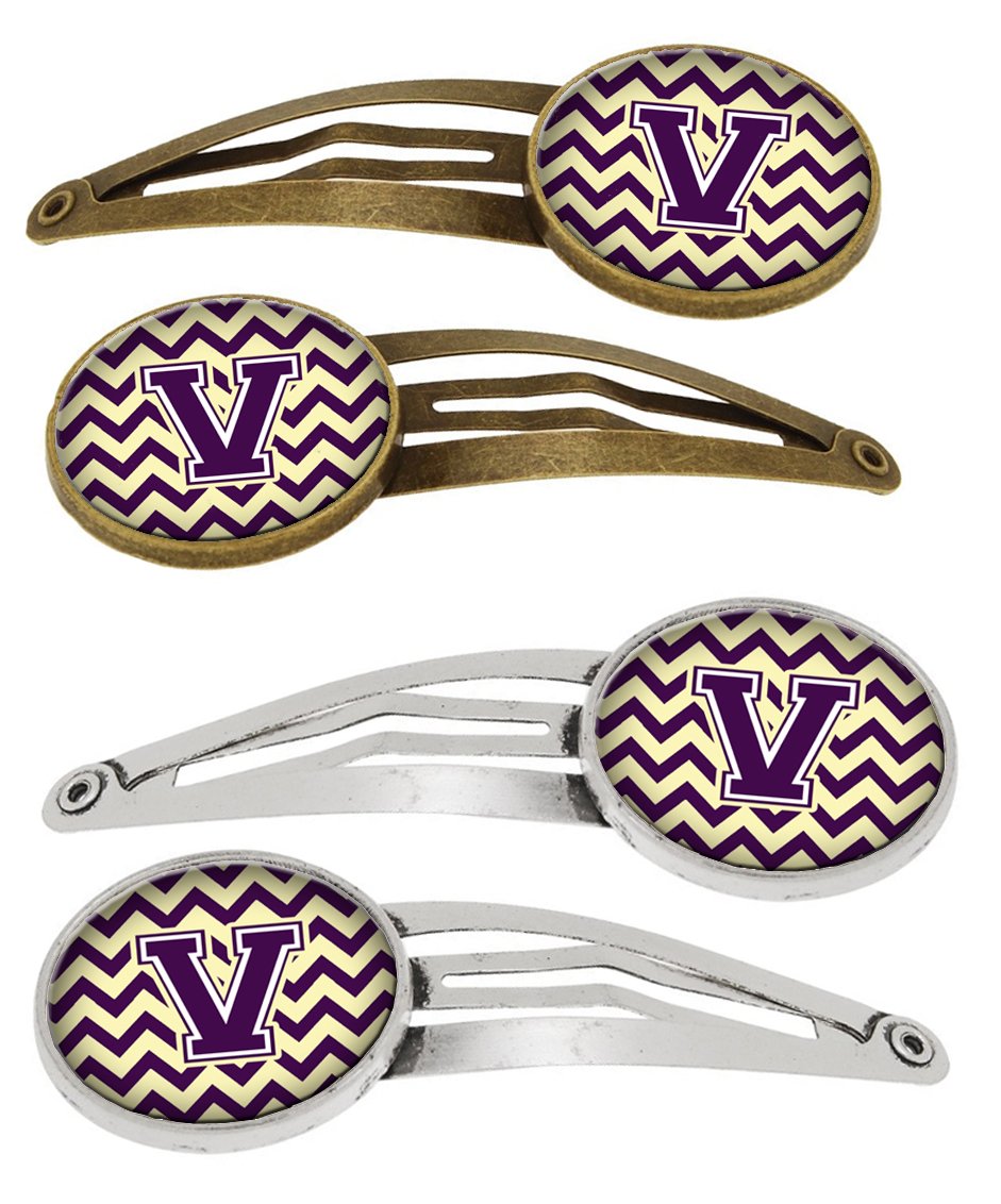 Letter V Chevron Purple and Gold Set of 4 Barrettes Hair Clips CJ1058-VHCS4 by Caroline's Treasures