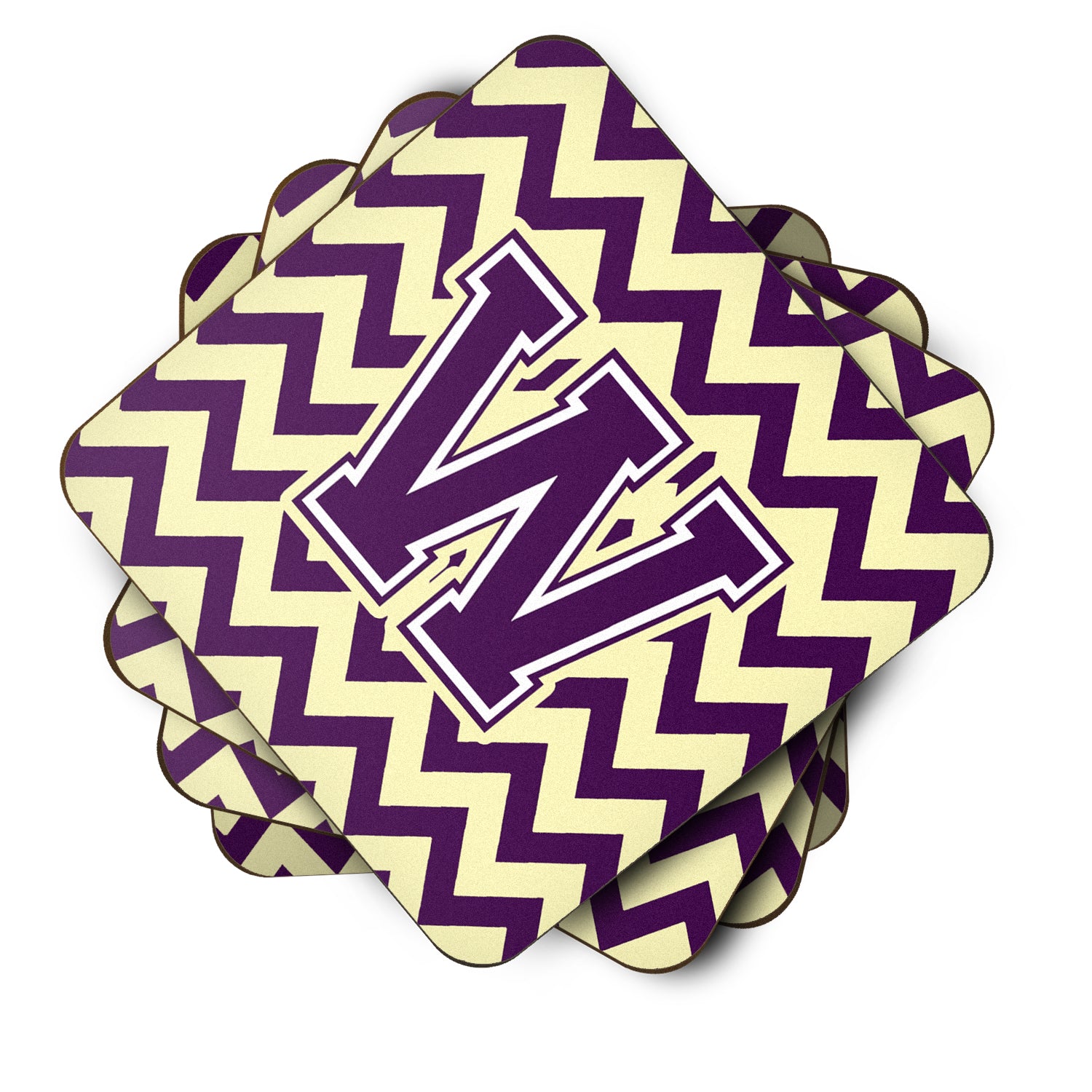 Letter W Chevron Purple and Gold Foam Coaster Set of 4 CJ1058-WFC - the-store.com