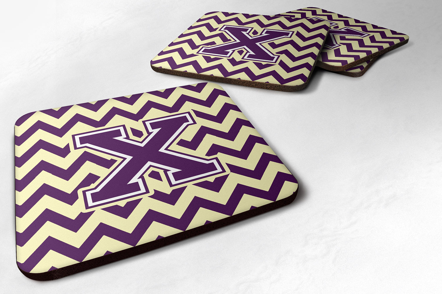 Letter X Chevron Purple and Gold Foam Coaster Set of 4 CJ1058-XFC - the-store.com