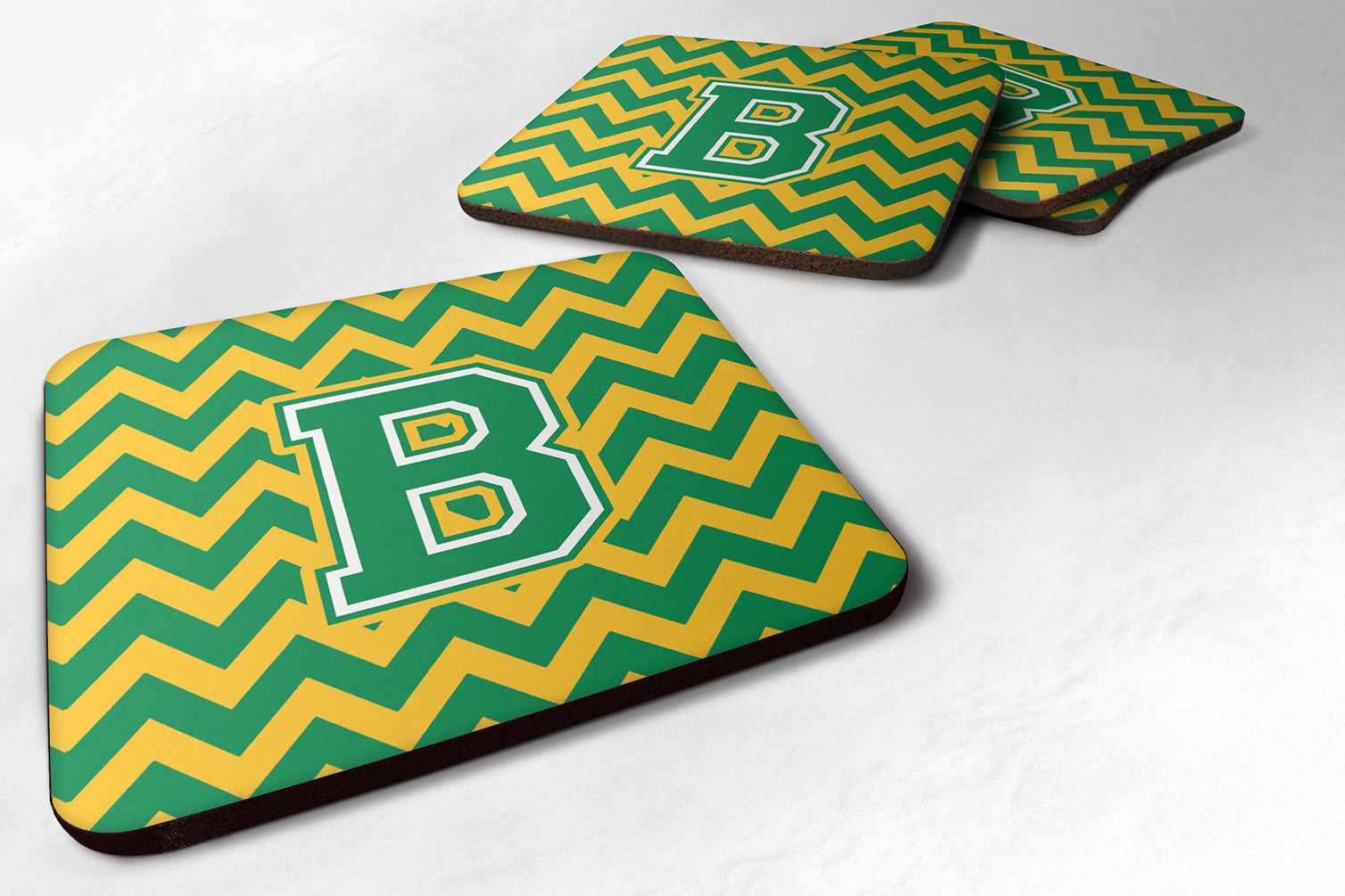 Letter B Chevron Green and Gold Foam Coaster Set of 4 CJ1059-BFC - the-store.com