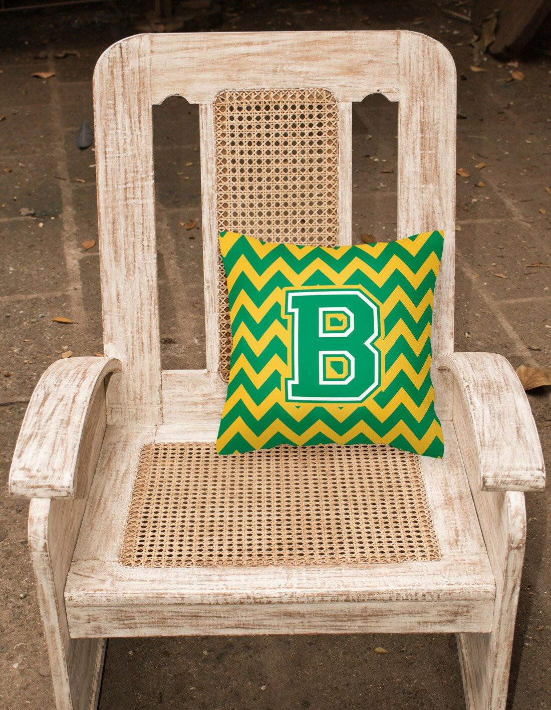 Letter B Chevron Green and Gold Fabric Decorative Pillow CJ1059-BPW1414 by Caroline's Treasures