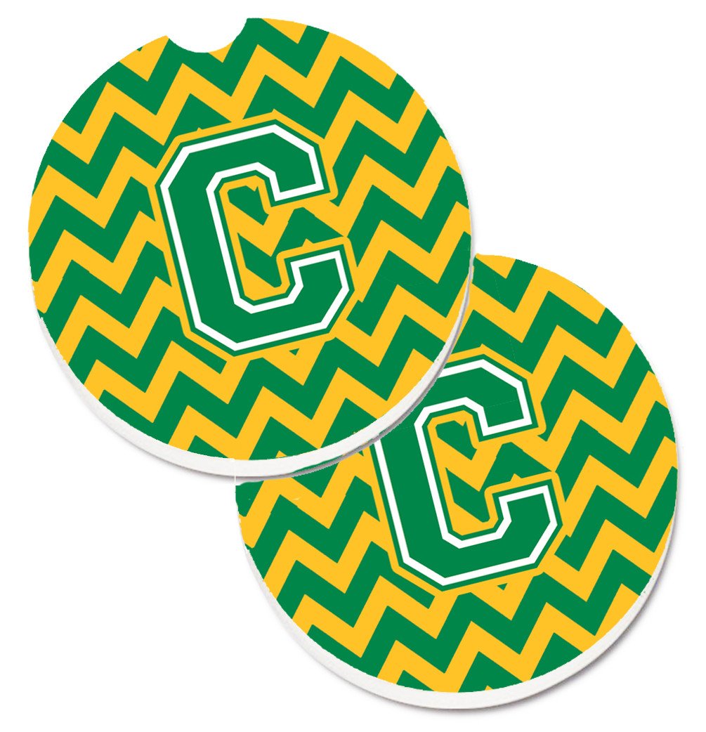 Letter C Chevron Green and Gold Set of 2 Cup Holder Car Coasters CJ1059-CCARC by Caroline&#39;s Treasures