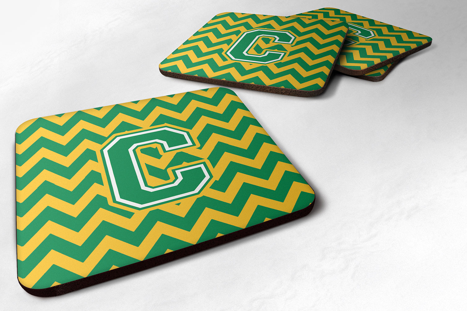 Letter C Chevron Green and Gold Foam Coaster Set of 4 CJ1059-CFC - the-store.com