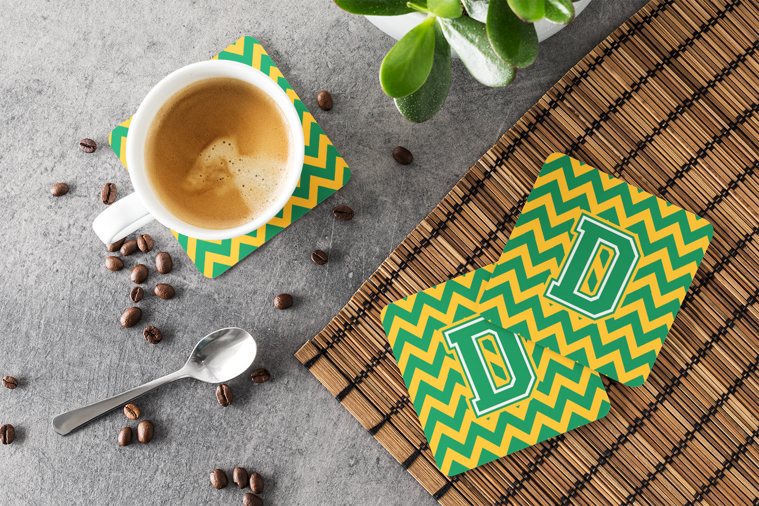 Letter D Chevron Green and Gold Foam Coaster Set of 4 CJ1059-DFC - the-store.com