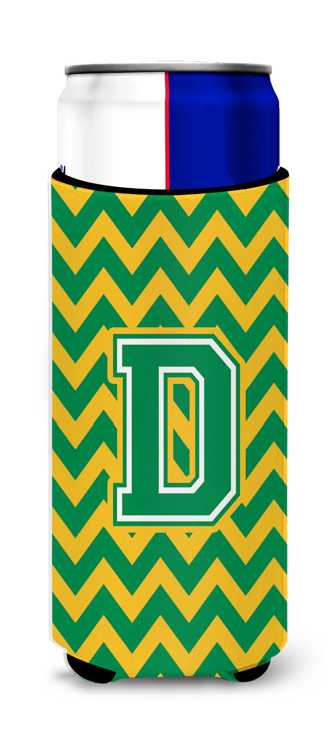 Letter D Chevron Green and Gold Ultra Beverage Insulators for slim cans CJ1059-DMUK.