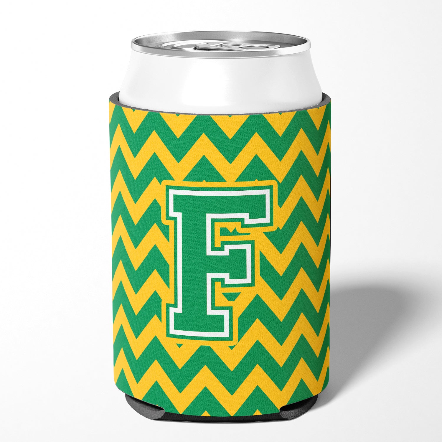 Letter F Chevron Green and Gold Can or Bottle Hugger CJ1059-FCC.